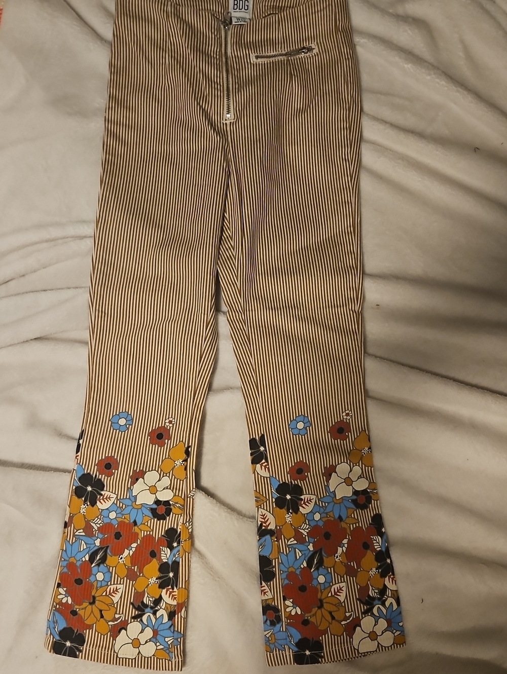 BDG  Striped Flare Pants with Floral Hem - Tan, Blue, Yellow, Red, White
